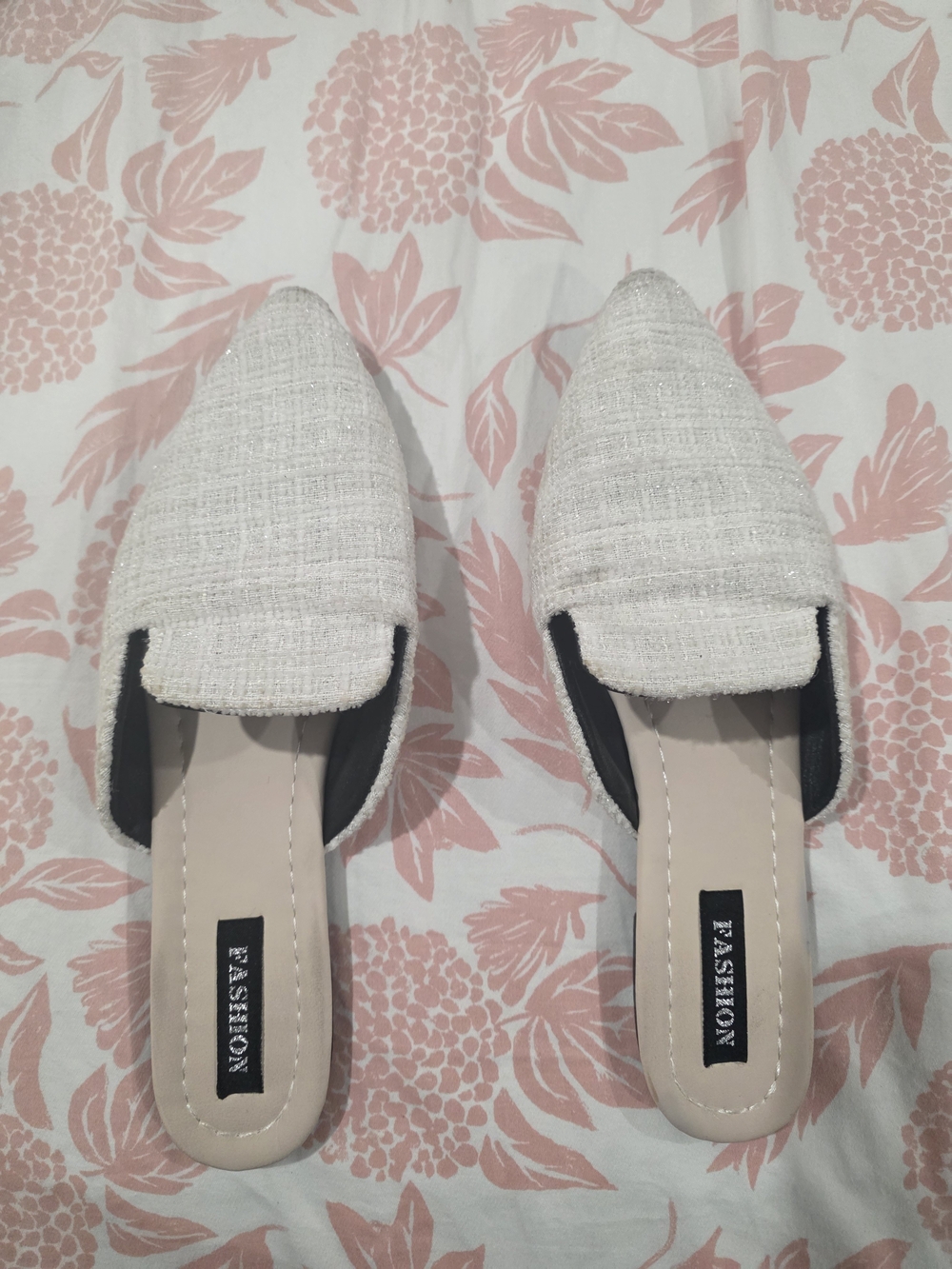 Fashion White Tweed Slip-On Mules for Women
